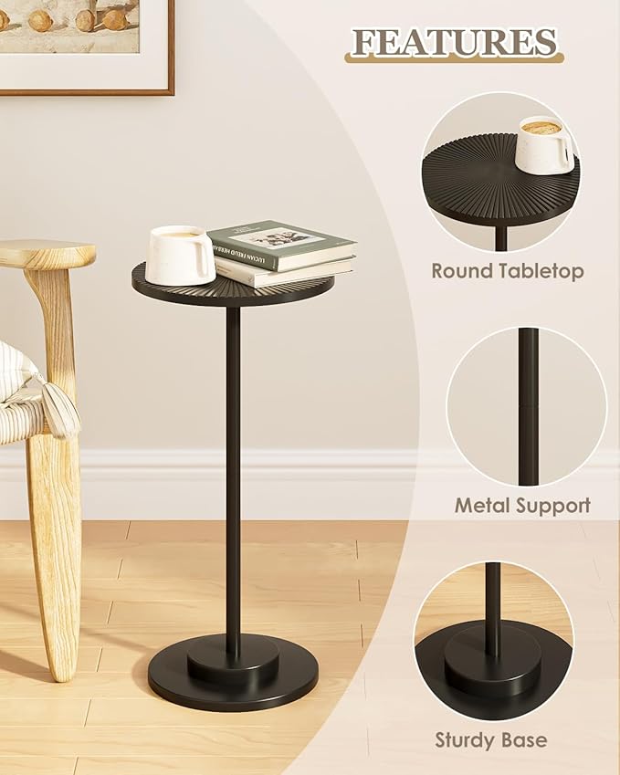 Round Side Table, Small Drink Table for Small Spaces, Modern Accent End Table with Metal Leg for Living Room, Bedroom, Corners, and Office (Black)