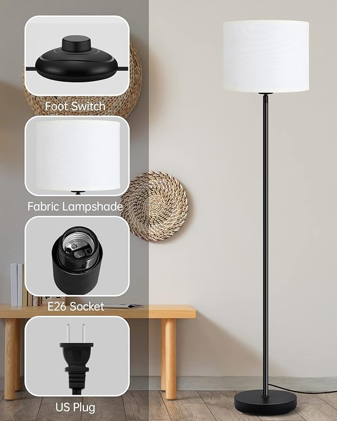 Floor Lamps Standing Lamp, Modern 58" Tall Lamp with White Lampshade, Simple Small Pole Lamp for Bedroom, Pedal Switch, Black Small Lamps for Kid Room/Office/Reading Room(E26 Base, NO Bulb)