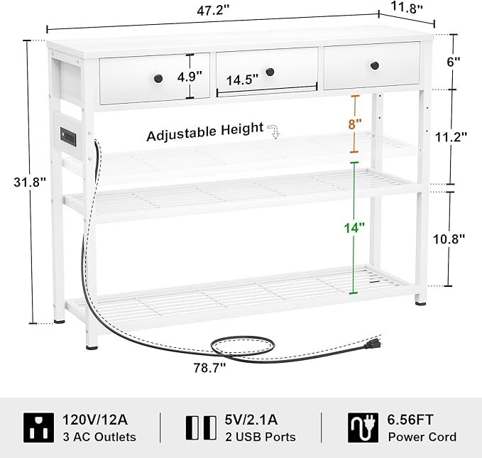 Ecoprsio 47'' Entryway Table with Outlets and USB Ports, Console Table with 3 Drawers, Sofa Table Narrow Long with Storage Shelves for Living Room, Couch, Hallway, Foyer, Kitchen Counter, White
