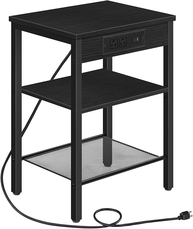 HOOBRO End Table with Charging Station and USB Port, 3-Tier Nightstand with Adjustable Shelf, Small Side Table for Small Space in Living Room, Bedroom and Balcony, Black BB112BZ01