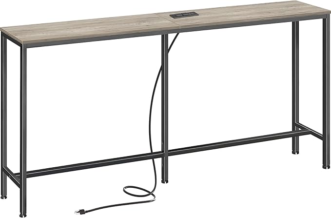 SUPERJARE Console Table with Outlet, 63 Inch Sofa Table with Charging Station, Narrow Hallway Entryway Table, Behind Couch Table, for Living Room, Oak