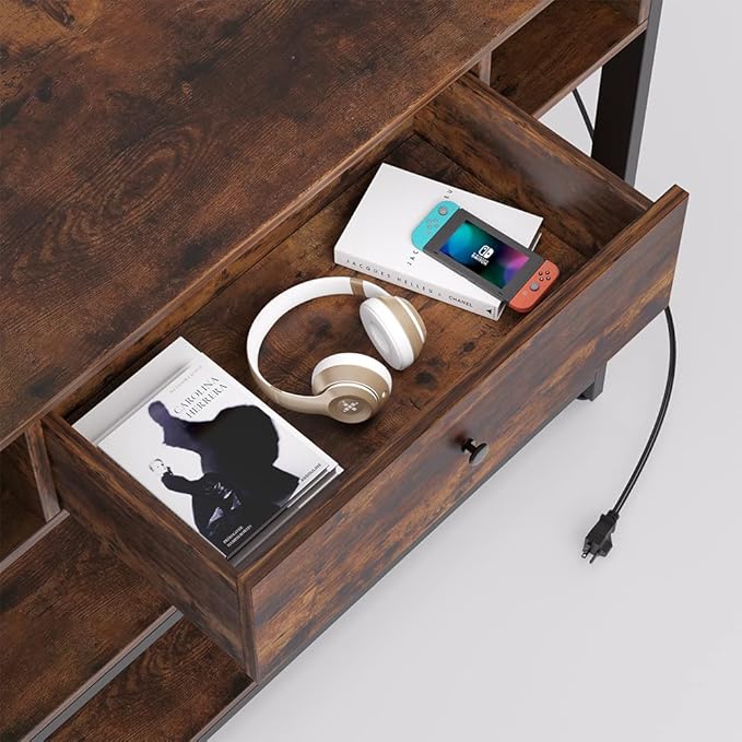 Mexin 47 Inch Console Table with 2 Outlet and 2 USB Ports, Entryway Table with Drawer and Storage Shelves, Narrow Sofa Table for Living Room and Hallway, Vintage Brown