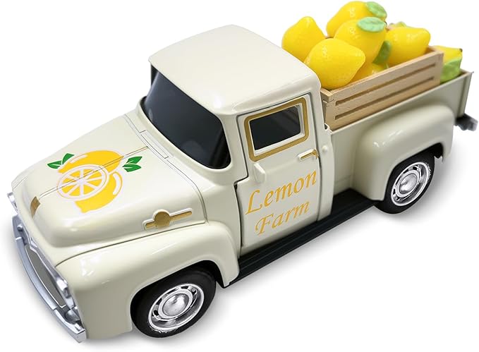 Lemon Decor Vintage Truck Decor with Mini Faux Lemons and Wooden Crate Summer Tiered Tray Decor Lemon Decorations for Home Desk Shelf Farmhouse Kitchen Centerpieces for Tables- Cream