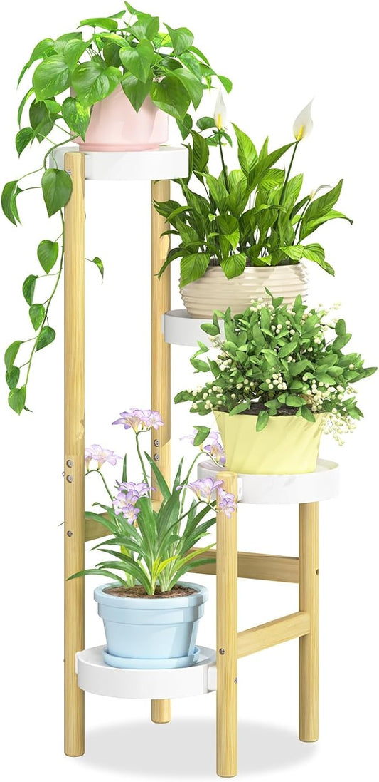 iDavosic.ly 4 Tier Bamboo Plant Stand Indoor Outdoor with Plastic Tray, Tiered Corner Flower Holder Shelf, Space Saving Orchid Display Rack for Patio Porch Living Room Garden Balcony, Natural White