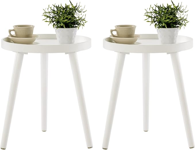 Apicizon White Round Side Table Set of 2, Tray Nightstand Sofa Coffee End Table for Living Room, Bedroom, Small Spaces, Easy Assembly Bedside Table, 15 x 18 Inches, White