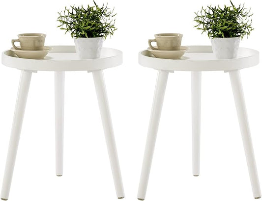 Apicizon White Round Side Table Set of 2, Tray Nightstand Sofa Coffee End Table for Living Room, Bedroom, Small Spaces, Easy Assembly Bedside Table, 15 x 18 Inches, White