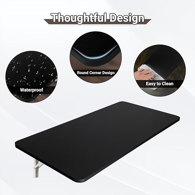 Wall Mounted Folding Table 39.4”L x 19.7”W, Laundry Folding Table with Heavy Duty Metal Collapsible Shelf Brackets, Wall Mounted Desk Fold Down for Small Spaces, Black