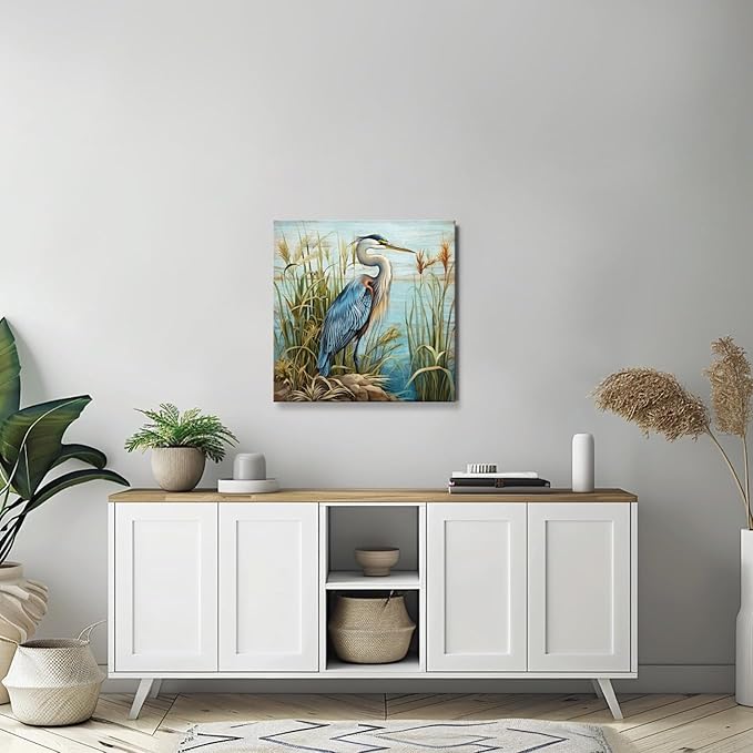 YUEYARIT Bathroom Decor ardea herodias Wall Art Ocean Theme Blue sea Picture Heron Canvas Print Modern Coastal Artwork Framed Hanging Dining Office Living Room