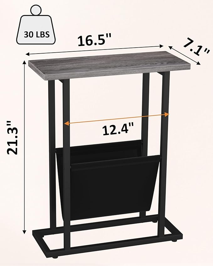 Yusong Narrow Side Table for Small Spaces, Small End Table with Magazine Holder, Skinny Slim Little Thin Table for Living Room, Bedroom, Sofa, Grey Oak