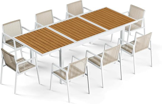 ZANDOR Expandable Outdoor Dining Set for 4-6-8,Patio Table and Chairs Set with Wood Top for Garden,Backyard,Porch,55"-82.7" Extendable Aluminum Outdoor Table Set with 8 Chairs,White