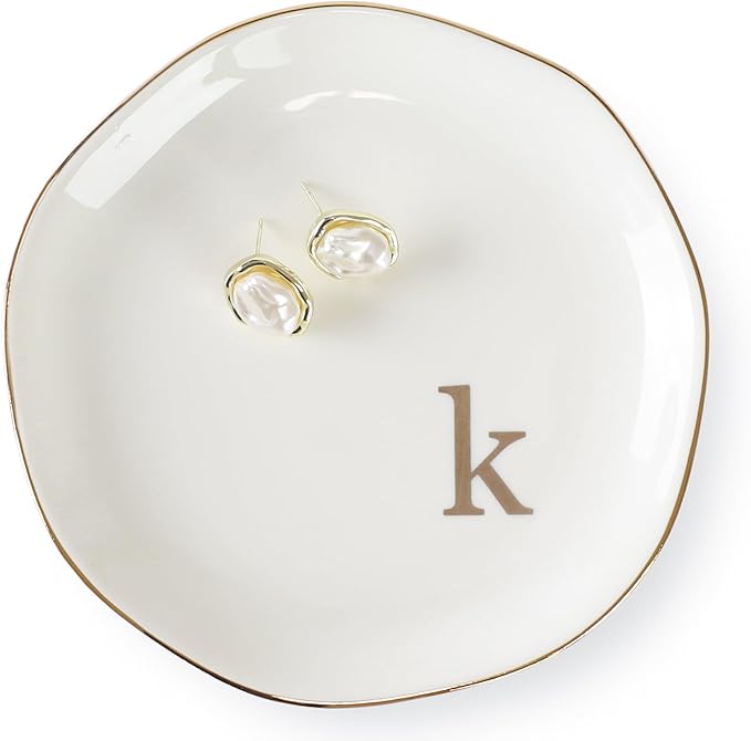 HOME SMILE Initials Ring Dish Jewery Tray with Personalized K-Monogrammed Engagement Wedding Gifts for Friends,Sister,Birthday Christmas Gifts for Women,Ceramic White