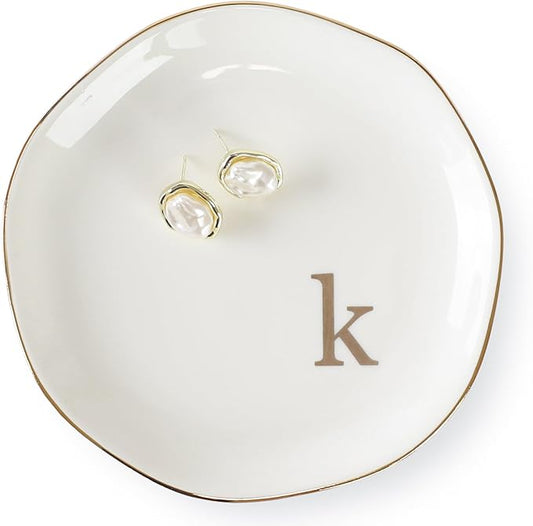 HOME SMILE Initials Ring Dish Jewery Tray with Personalized K-Monogrammed Engagement Wedding Gifts for Friends,Sister,Birthday Christmas Gifts for Women,Ceramic White