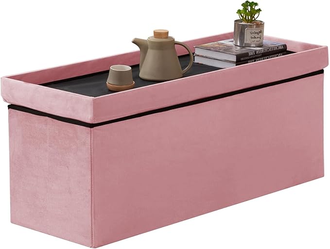 BRIAN & DANY 43 Inches Folding Storage Ottoman Bench, Velvet Ottoman with Storage for Living Room, Long Shoes Bench,Flannelette Footrest Benches Seat (Hot Pink)