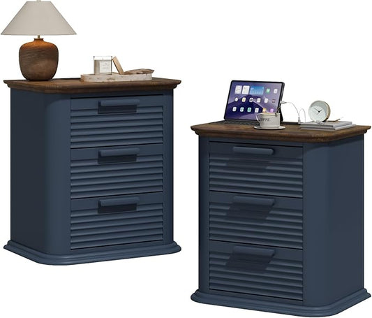 22'' Fluted Nightstand with Charging Station Set of 2, Modern End Table with 3 Drawers and Storage, Wood Side Table Dresser with Round Corner for Bedroom, Living Room, Curved Profile, Dark Navy Blue