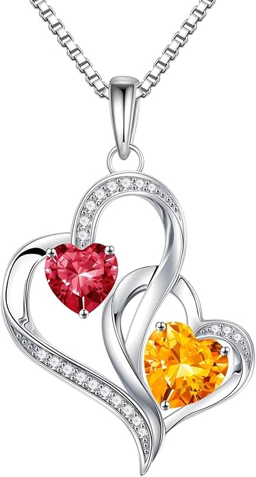 Iefil Christmas Gifts for Women - Double Heart Birthstone Necklace, 925 Sterling Silver Heart Pendant Necklace, Anniversary Birthday Gifts for Women | Personalized Jewelry Gift for Wife Mom Girlfriend