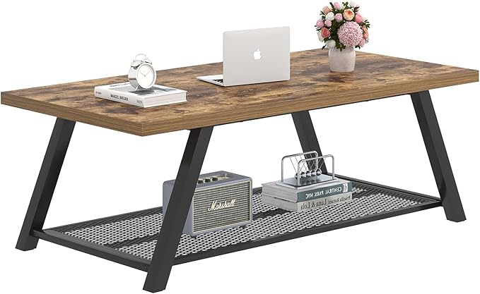 FOLUBAN 47 Inch Coffee Table, Industrial Wood and Metal Living Room Table with Storage Shelf, Rectangle Center Table, Rustic Brown