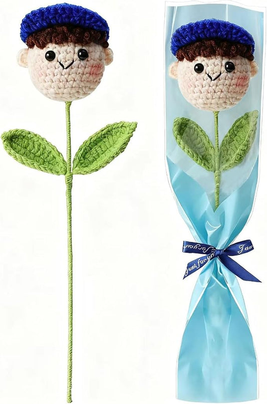 Crochet Handmade Flower Doll Bouquet Gift for Him, DIY Knitted Gifts for Home Office Desk Decor, Gift Ideas for Son Boy Boyfriend