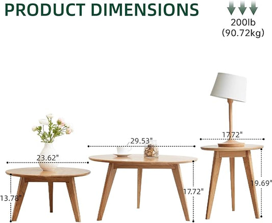 100% Solid Oak Wood Coffee Table Set, Round Coffee Table Combo Side Table w/Solid Wood Legs, Mid Century Table Sturdy Tables for Bedroom Balcony Living Room (Natural, Small-Medium Combo)