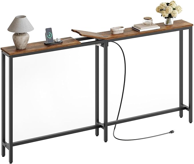 Narrow Console Table, 70.9" Behind Couch Table Skinny, Small Entryway Table with Power Outlets, Modern Hallway Table for Living Room, Entryway, Rustic Brown and Black CT15UBR