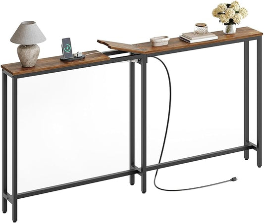 Narrow Console Table, 70.9" Behind Couch Table Skinny, Small Entryway Table with Power Outlets, Modern Hallway Table for Living Room, Entryway, Rustic Brown and Black CT15UBR