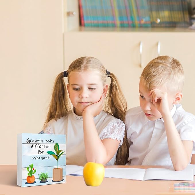 LVQHI Inspirational Wood Block Sign,Growth Looks Different for Everyone Plant Motivational Wooden Block Sign for Home Bedroom Office Desk Table Decor,Inspirational Cheer Up Gift Grain-Blue