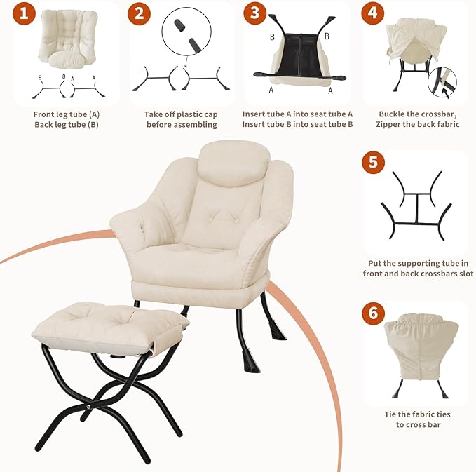 Living Room Chair Modern Accent Chair with Ottoman, Ergonomic Support, Foldable Footrest, Removable Washable Cover, Perfect for Bedroom and Living Room, Beige