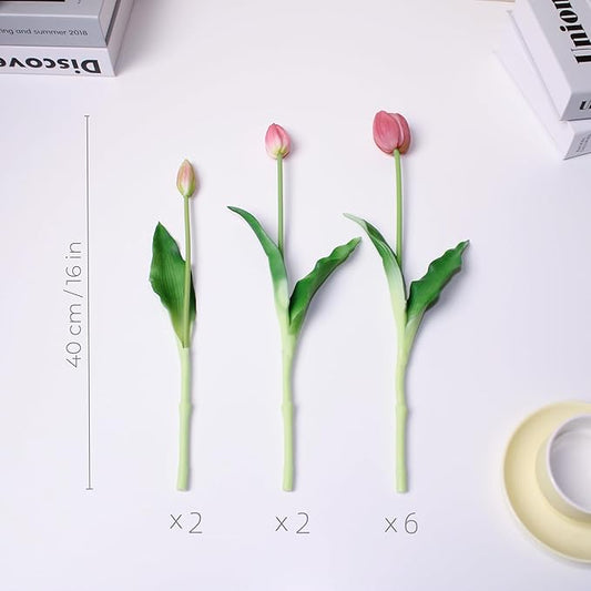 16-inch Premium Real Touch Fake Tulips Artificial Flowers with Buds, Flexible Stem Easy to Shape, Faux Tulips for Home Decor Indoor (Vase not Included), 10-Pack Set of Tender Mauve