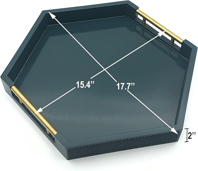 Serving Tray with Polished Metal Handles, Hexagon Coffee Table Tray, Modern Rectangle Decorative Tray, Large Ottoman Tray, Perfect for Storage and Display (Teal Hexagon)