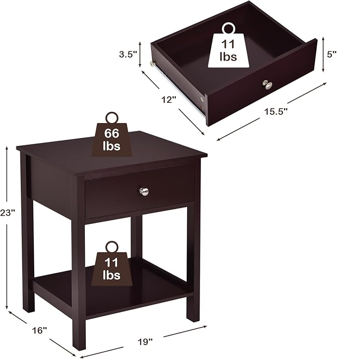 Giantex Nightstand, Wood End Table with Drawer and Open Shelf, Night Stand for Small Spaces, 2-Tier Bedside Table for Living Room Bedroom Dorm, Easy Assembly, Brown