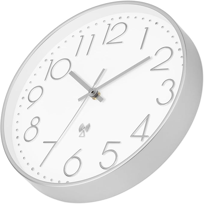 Foxtop Atomic Wall Clock Battery Operated Round Analog Modern Wall Clock Sets Automatically for Office Classroom Bedroom Kitchen Living Room (Silver)