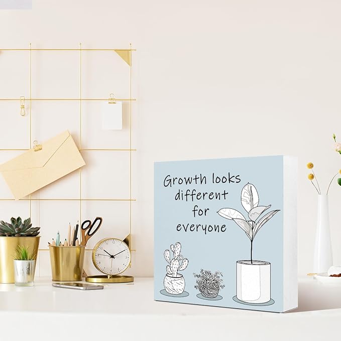LVQHI Blue Inspirational Wood Block Sign,Growth Looks Different for Everyone Plant Motivational Wooden Block Sign for Home Bedroom Office Desk Decor,Inspirational Cheer Up Gift for Coworker Friend