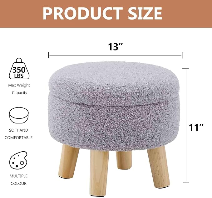 Wimarsbon Storage Ottoman, Modern Round Footrest with Soft Padded Seat, Teddy Velvet Footstool with Wood Legs, Accent Small Table or Plant Stand for Hallway, Living Room (Grey)