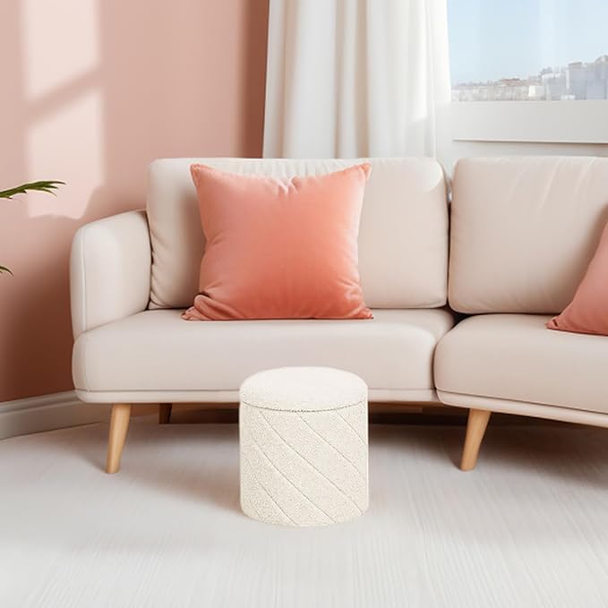 B FSOBEIIALEO Ottoman with Stroage, Boucle Round Storage Ottoman with Tray, Foot Rest Stool for Dorm Room, Living Room White, 12.99"x12.99"x13.78"