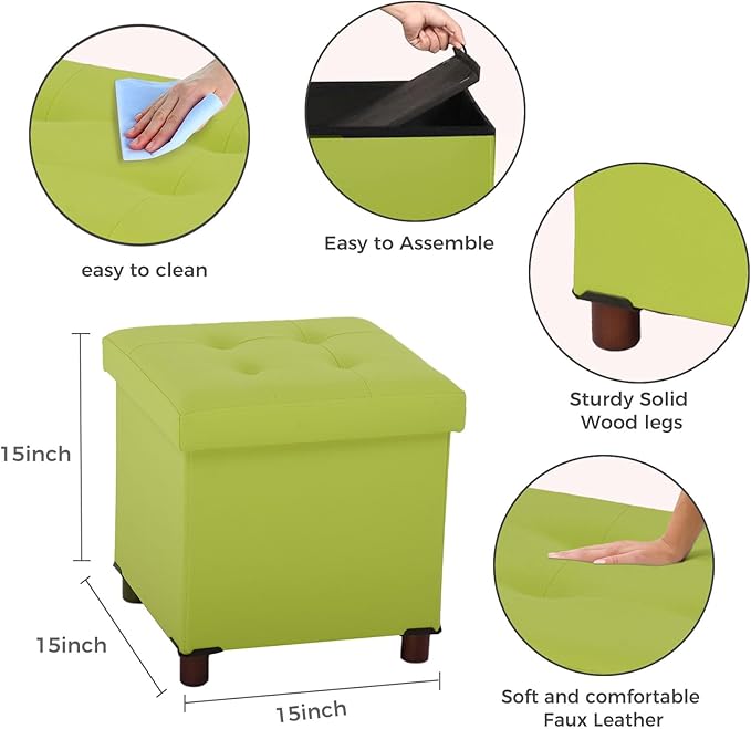Storage Ottoman, Ottoman with Storage for Living Room Ottoman Square Tray Bedroom Cube Foot Rest Stool with Legs Small Ottomans Coffee Table Lid Foldable Footstool Faxu Leather 15" in (Green)
