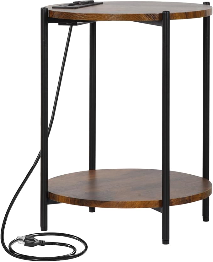 2 Tier Round Side Table, Folding End Tables Coffee Table Simplistic Sofa Table Waterproof Removable Tray Table Indoor Outdoor Accent Table for Living Room Bedroom (Brown, 1pcs)