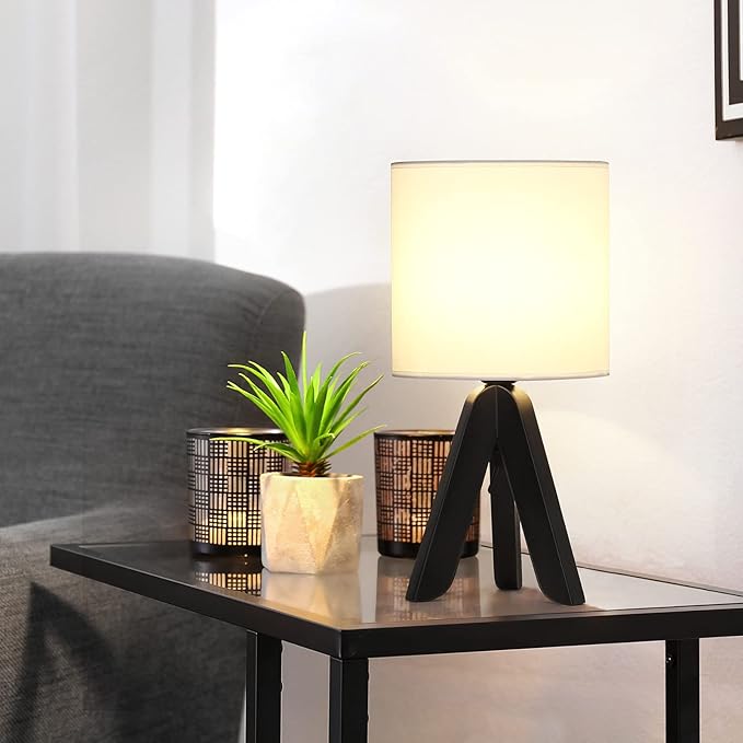 HAITRAL Wooden Tripod Table Lamp with Black Base, Small Table Lamp Bedsides Lamp with Linen Fabric Shade, Nightstand Lamp Cute Night Lamp for Bedroom,Kids Room,Nursery,Dorm