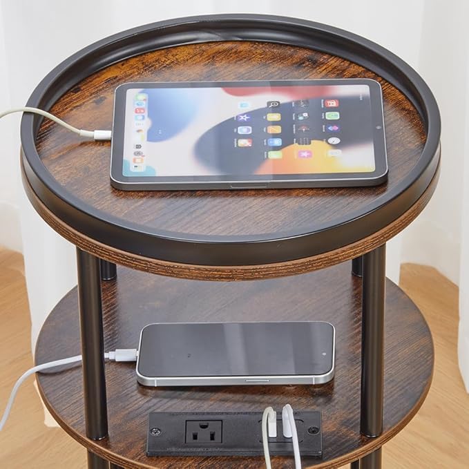 Small Round Side Table with Charging Station for Small Spaces, 3-Tier Round Accent Table with USB Ports & Power Outlets, Corner Table Sofa End Table for Living Room Bedroom (USB Charger, Rustic Brown)