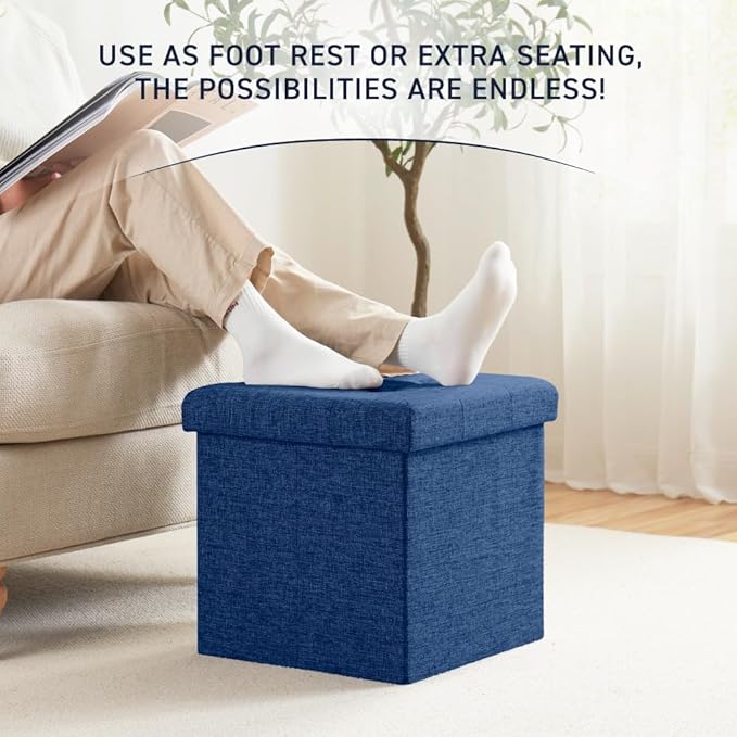 Ornavo Home Foldable Tufted Linen Storage Ottoman Square Cube Foot Rest Stool/Seat - 15" x 15" x 15" (Navy)