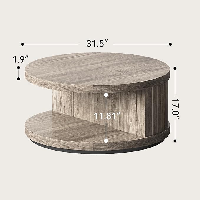 31-Inch Round Wood Coffee Table with Shelf for Living Room, 2-Tier Fluted Center Tea Tables with Wooden Circle Tabletop and Open Shelves for Home Apartment Small Spaces, Wash Gray