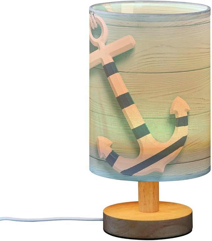 Table Lamp Nautical Anchor with Rope Turquoise Blue Grunge Wooden Nightstand Lamp with Wood Base Fabric Lamp Shade Bedside Desk Lamp for Living Room Bedroom Kids Room Office