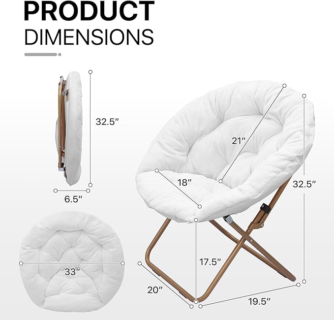 Athena Collection Comfy Saucer Chair Folding Cozy Chair for Bed Room Living Room Accent Chair Faux Fur Reading Chair Foldable Metal Frame Lazy Chair Moon Chair for Adult Set of 2, White