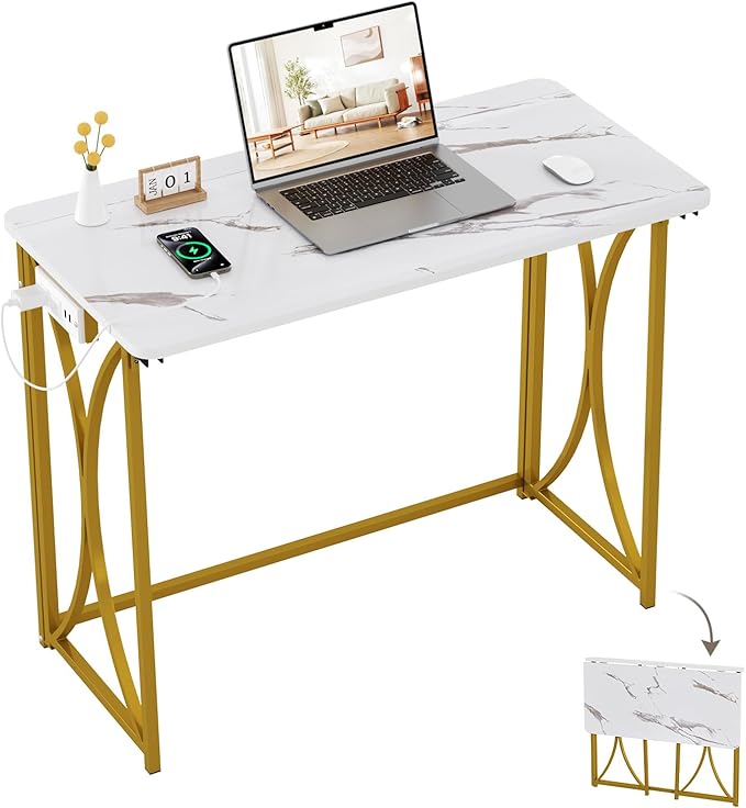 Folding Desk, 31.5" Small Desk for Bedroom with Power Outlet, Space Saving Foldable Computer Desk for Home Office, Easy Assembly, White and Gold