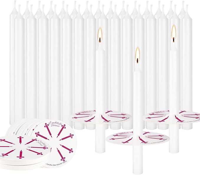 100 Church Candles with Drip Protectors for Devotional Candlelight Vigil Service, Box of 100 Candles, Unscented White 5" H X 1/2" D, No Smoke
