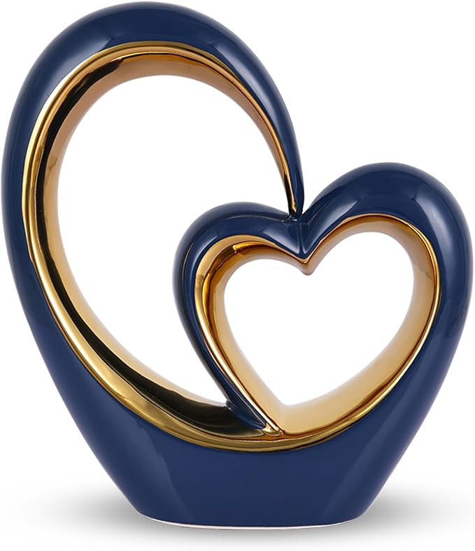 LCCCK Porcelain Double Heart Decor,Blue and Gold Sculpture Home Decor for Living Room Entryway Coffee Dining Table Shelves, Wedding Anniversary, Valentine's Gift for Couples & Lovers Modern