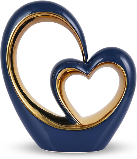LCCCK Porcelain Double Heart Decor,Blue and Gold Sculpture Home Decor for Living Room Entryway Coffee Dining Table Shelves, Wedding Anniversary, Valentine's Gift for Couples & Lovers Modern