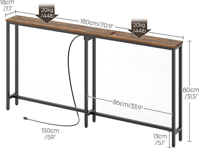 Narrow Console Table, 70.9" Behind Couch Table Skinny, Small Entryway Table with Power Outlets, Modern Hallway Table for Living Room, Entryway, Rustic Brown and Black CT15UBR