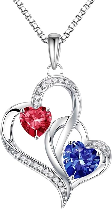 Iefil Christmas Gifts for Women - Double Heart Birthstone Necklace, 925 Sterling Silver Heart Pendant Necklace, Anniversary Birthday Gifts for Women | Personalized Jewelry Gift for Wife Mom Girlfriend