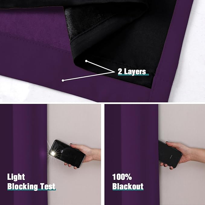 ChrisDowa 100% Blackout Curtains 80 inch Long for Bedroom with Black Liner, 2 Thick Layers Total Blackout Thermal Insulated Grommet Window Curtains 2 Panels Set (Royal Purple, 52 x 80 Inch)