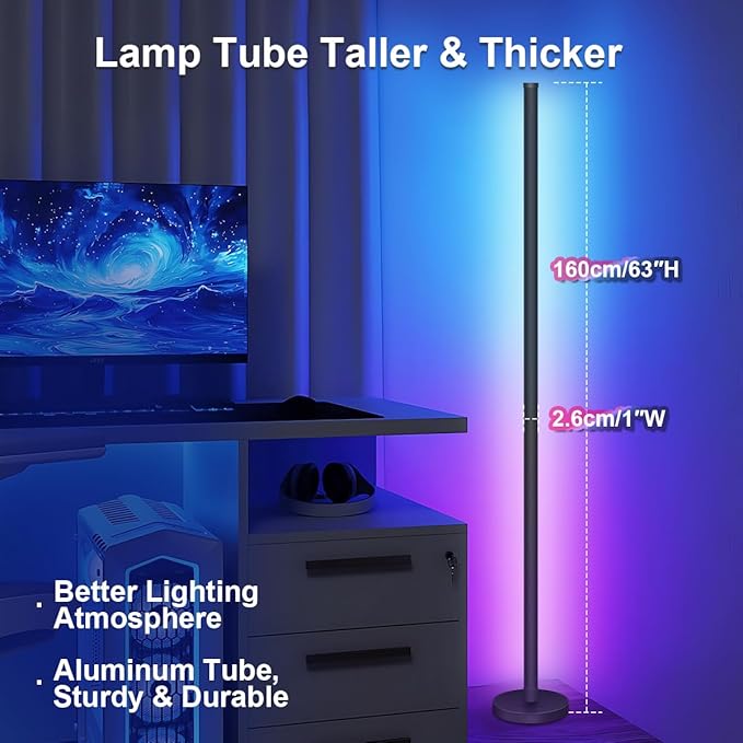 63″H RGB Floor Lamp, LED Corner Lamp,16 Million DIY Colors, 68+ Scenes, Music Sync, App & Remote Control (1 Pack)