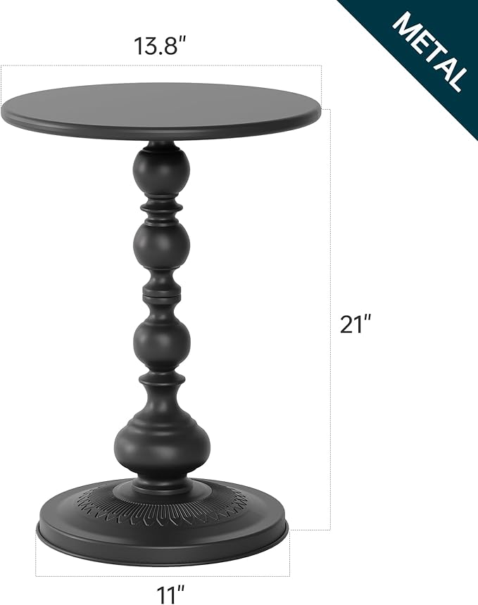 Metal Round Side Table, Small Drink Table for Small Spaces, Matte Modern Accent End Tables Coffee Tables, Pedestal Tables for Living Room, Bedroom, Corners, and Office, 21'' Height (Black)